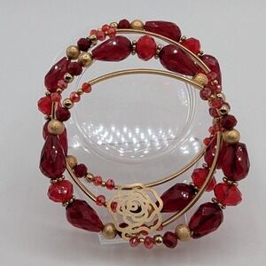 Red Beaded Wrap Bracelet Gold Tone Rose Angel‎ Charm Multi Layer Coil Jewelry